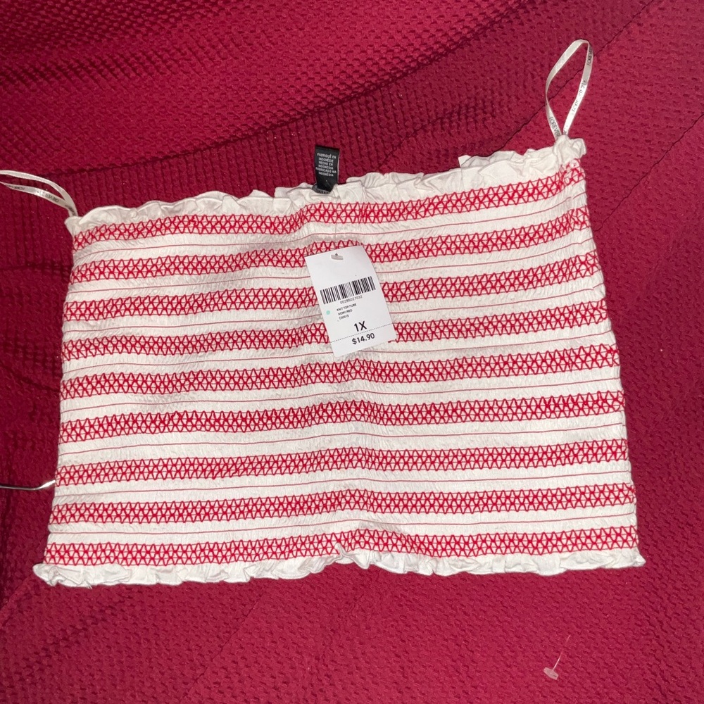 NWT Forever 21+ 1X Red & White Smocked Crop Tube Top